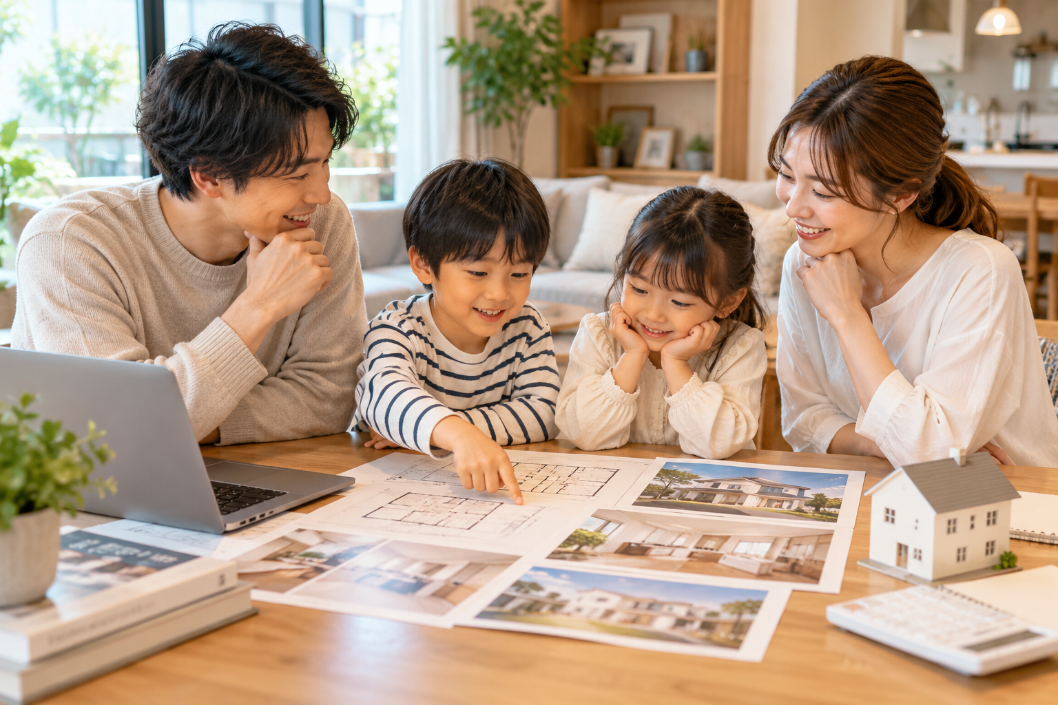 家族4人で間取りや住宅の写真を見ながら理想のマイホームについて話し合う様子